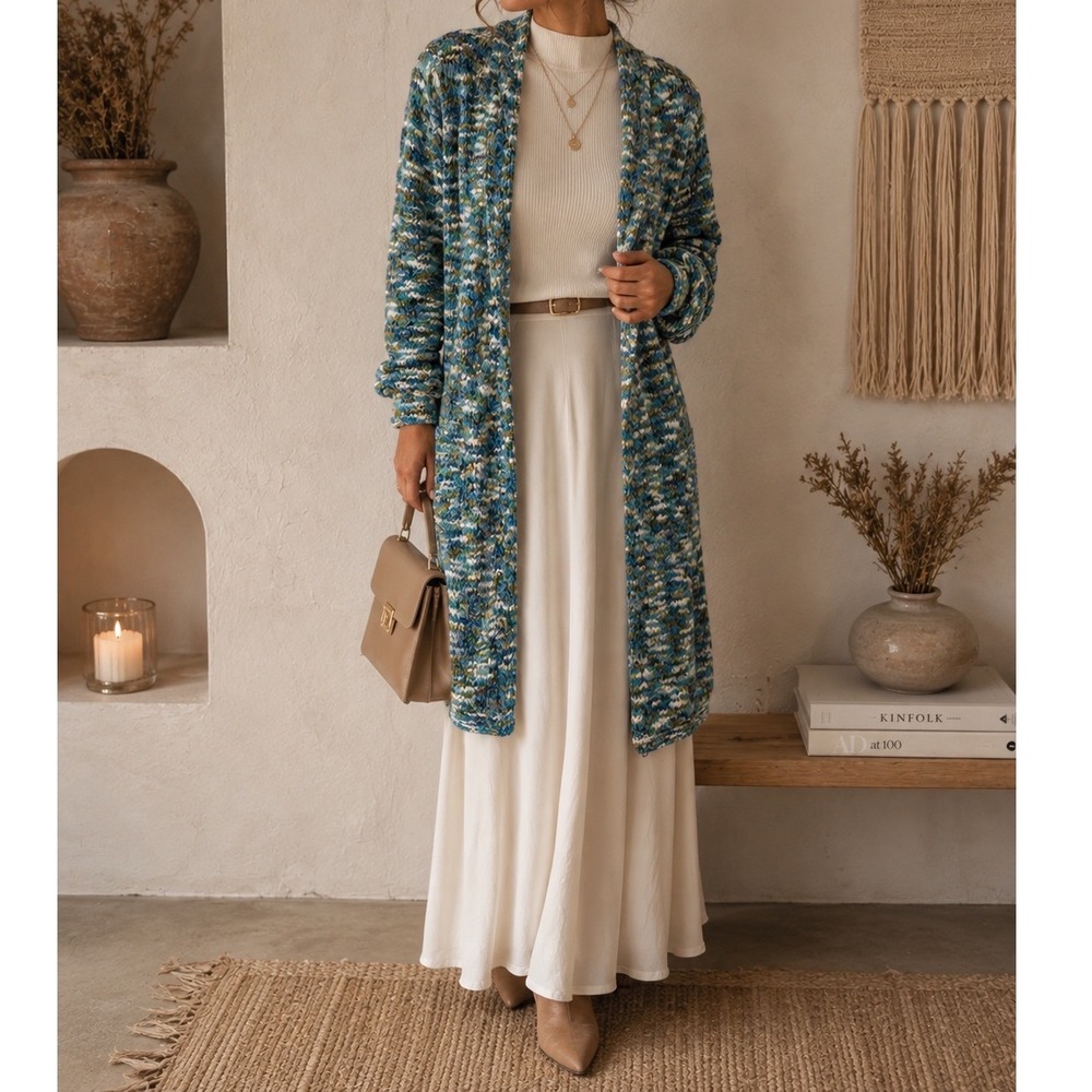 J. Jill Space Dye Chunky Knit Cardigan Longline Duster Sweater Blue Green L zz